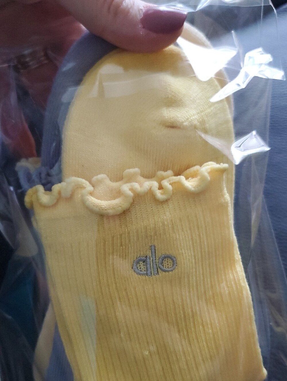 ALO Yoga Womens Ribbed Lettuce Ruffle Crew Socks-Yellow, Gray, and Light Yellow - Picture 15 of 15